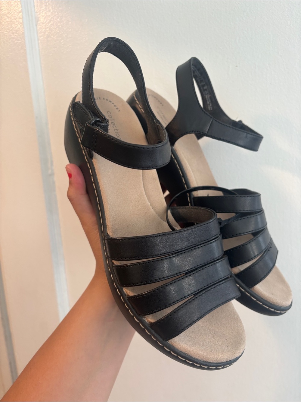 Clarks Black Leather Strappy Slingback Sandals